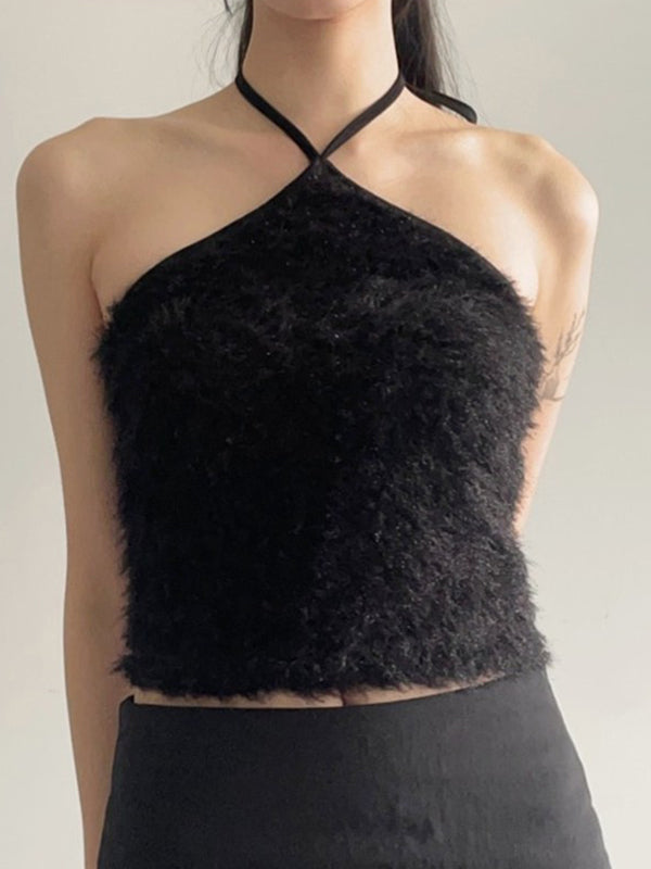 Solid Color Y2k Backless Irregular Fur Halter Vest