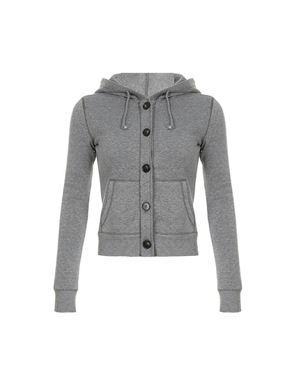 Gray Vintage Simple Style Buttoned Drawstring Hooded Jacket