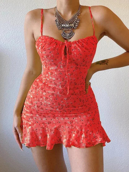 French Floral Suspender Chest Mini Dress with Cutout