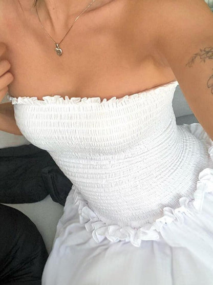 White Vintage Off Shoulder Shirred Tube Maxi Dress