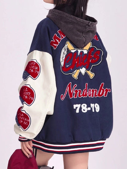 Navy Blue Varsity College Jacket with Flocking Print