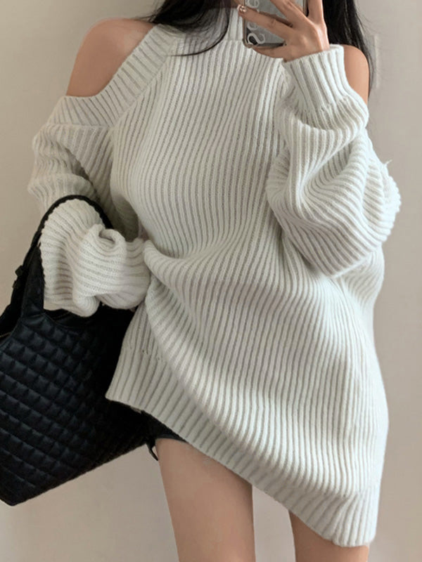 Solid Color Y2k Shoulder Loose Ribbed Sweater