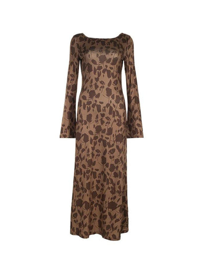 Brown Classic Print Trumpet Sleeve Maxi Dress