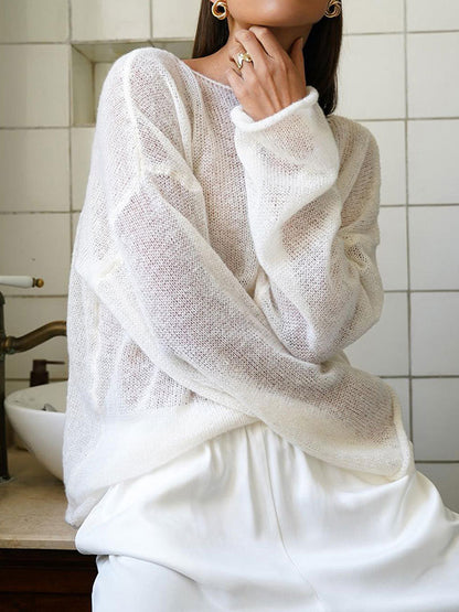 White Vintage Bell Sleeve Hollow Knit Cardigan