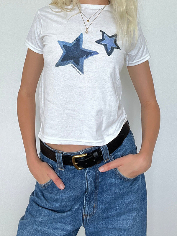 JY Wit Y2K T-shirt met korte mouwen en sterrenprint