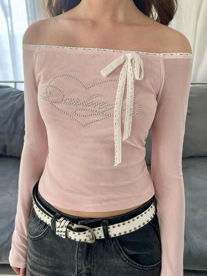 Vintage Lace Off Shoulder Heart Rhinestone Long Sleeve Tee