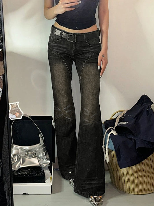 JY Donkere vintage gesplitste flare-jeans met lage taille