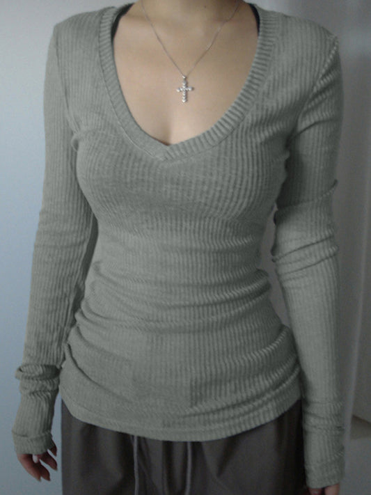 90's Gray Slim Fit Long Sleeves Knit Top