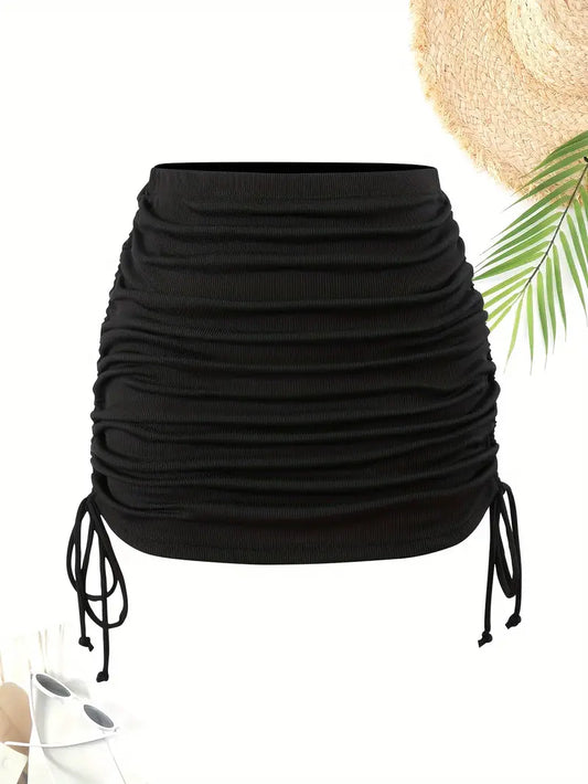 Black Vintage Drawstring Tie Side Beach Skirt
