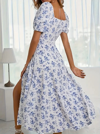 Vintage Floral Print Puff Sleeve Dress with Split