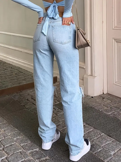 Lichtblauwe boyfriend jeans uit de jaren 2000 met gescheurd ontwerp