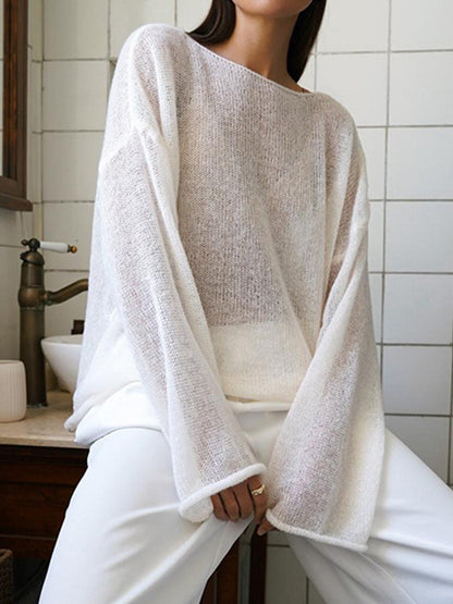 White Vintage Bell Sleeve Hollow Knit Cardigan