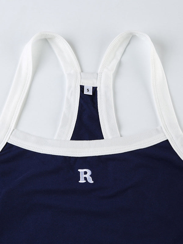 Navy Blue Retro Letter Embroidery Slim Fit Cami Top