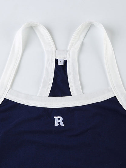 Navy Blue Retro Letter Embroidery Slim Fit Cami Top