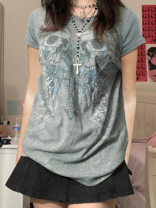 JY Grijs T-shirt met korte mouwen en punk-schedelprint