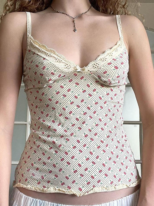 Bow Embellished Lace Tank Top with Cherry Print