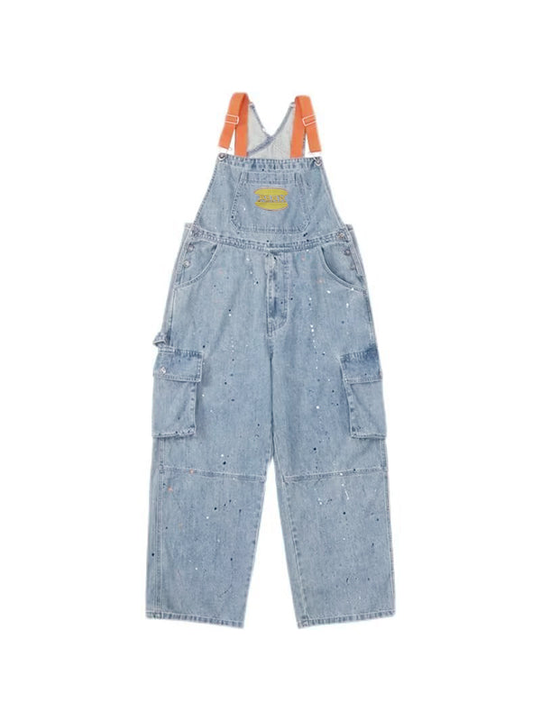 Blue Vintage Big Pocket Splash Ink Print Overalls