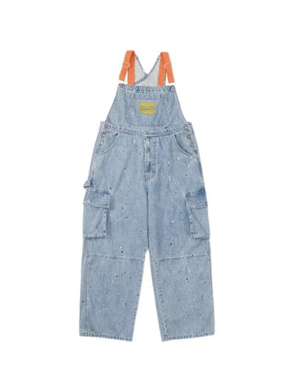 Blue Vintage Big Pocket Splash Ink Print Overalls