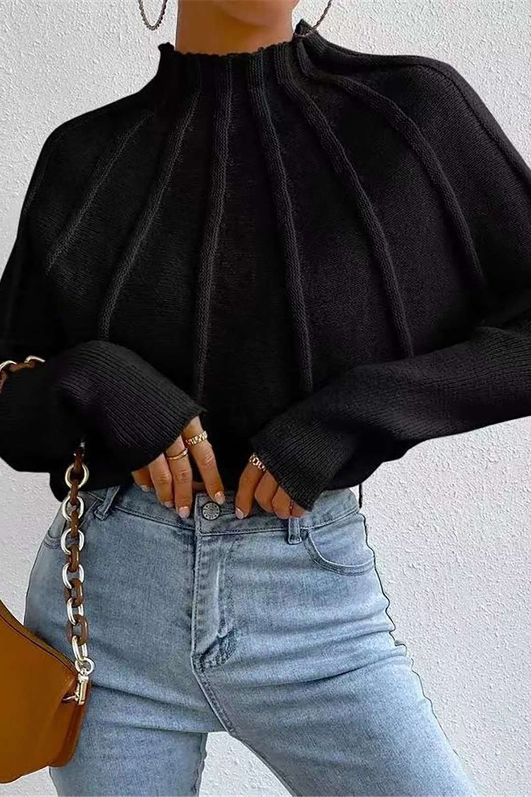 Solid Color Mock Neck Textured Batwing Sleeve Sweater