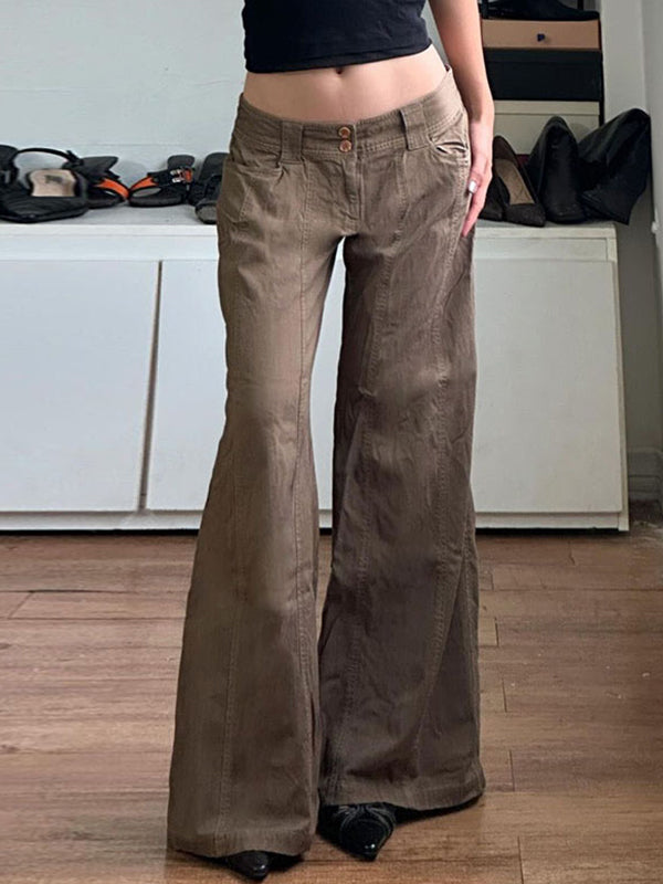 Brown American Retro Low Waist Split Flare Jeans