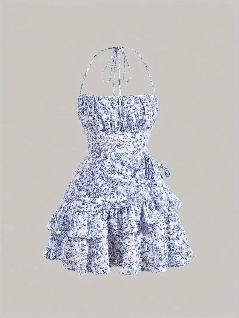 Robe dos nu bleue à imprimé floral superposé et ourlet à volants 