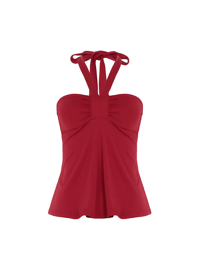 Red Y2k Lace Up Pleated Bust Halter Vest