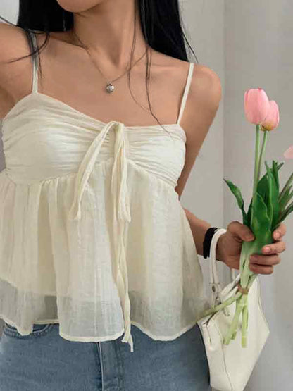 Apricot Sweet Pleated Lace Up Cami Top