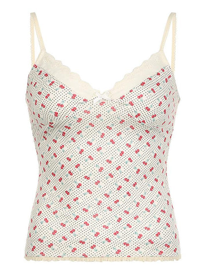 Met strik verfraaide kanten tanktop met kersenprint