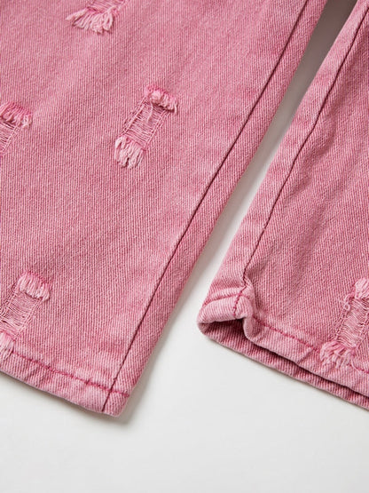 Pink Y2K Multi Pocket Ripped Cargo Jeans with Faded Effect