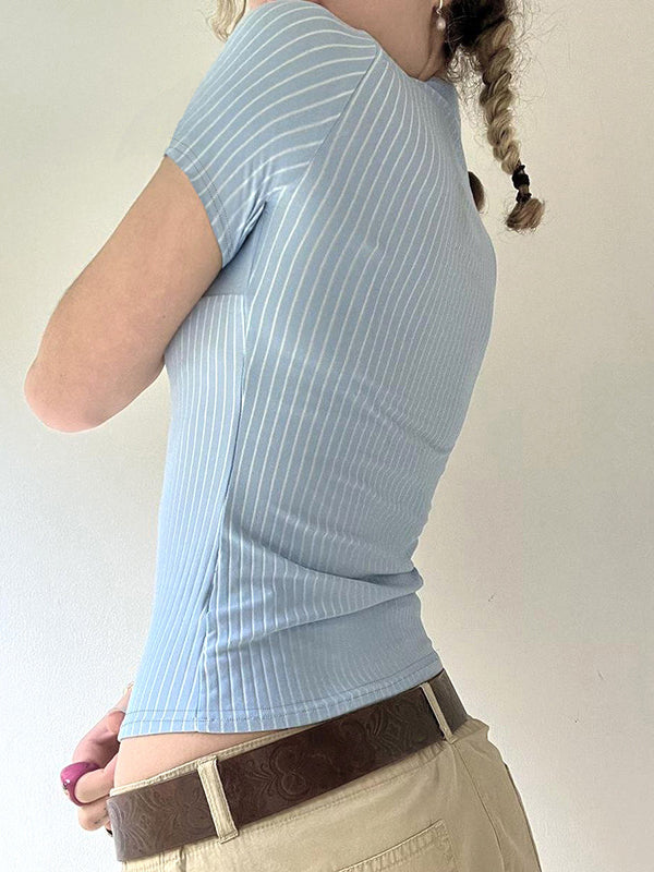 Blue Vintage Striped Slim Fit Short Sleeves Shirts