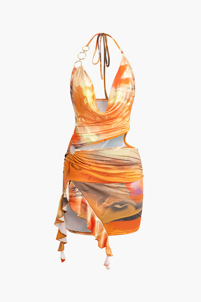 Vintage abstracte print halter col-split mini-jurk met striksluiting