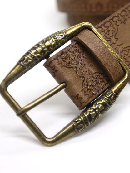 Brown Vintage Distressed Embossed Buckle Belt