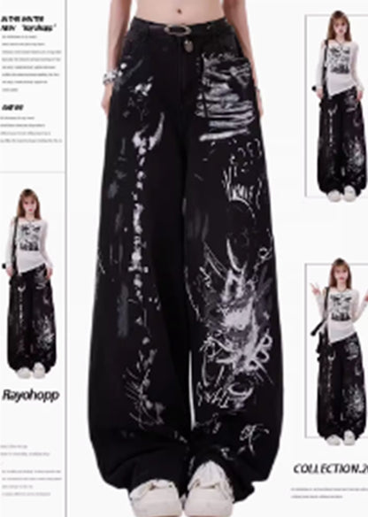 Black Grunge Graffiti Print Baggy Jeans