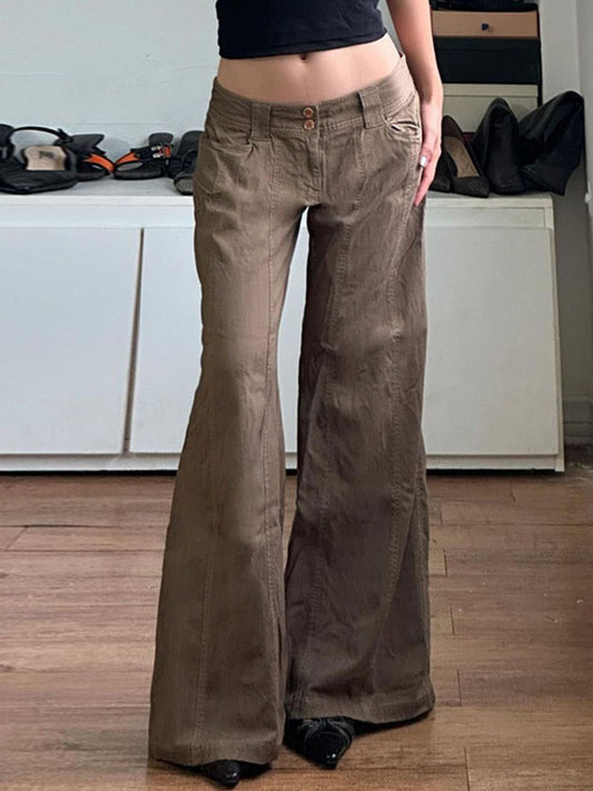 Brown American Retro Low Waist Split Flare Jeans