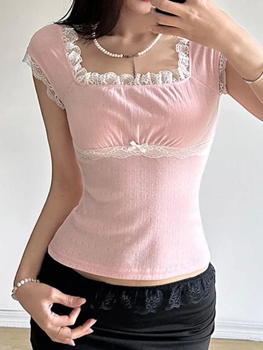 Pink Vintage Lace Trim Bow Slim Crop Top with Square Neck