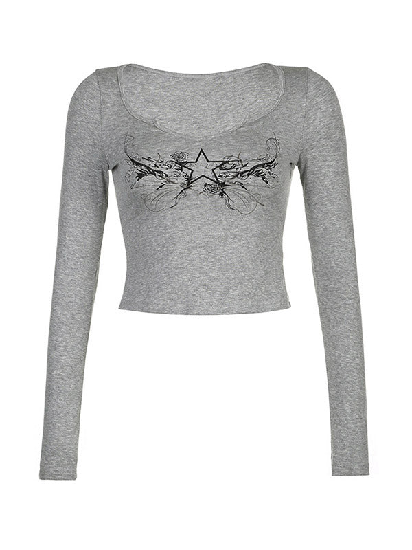 Grey Vintage Low Cut Cropped Long Sleeve Tee with Star Print