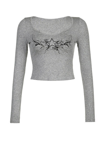 Grey Vintage Low Cut Cropped Long Sleeve Tee with Star Print