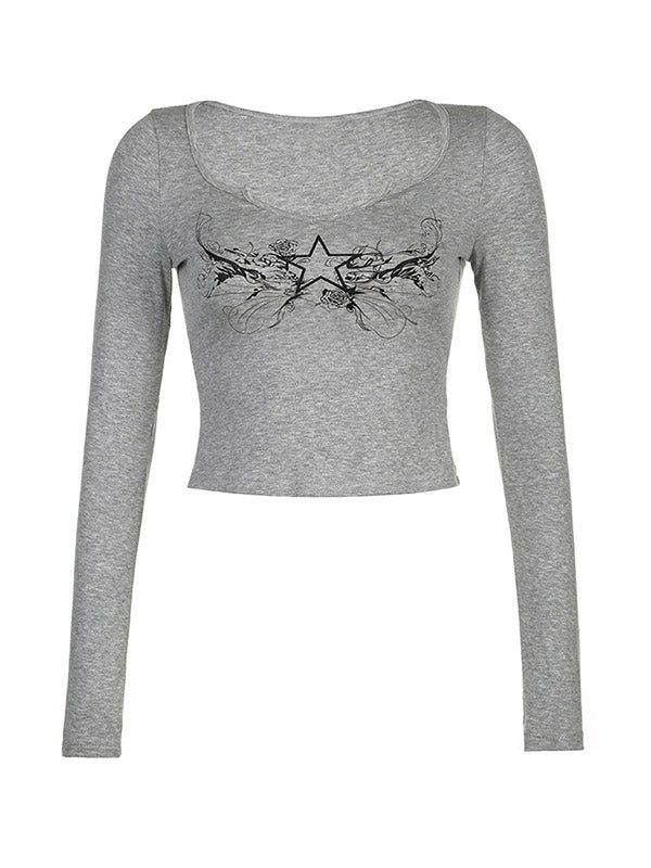 Grijze vintage laag uitgesneden cropped top met lange mouwen en sterrenprint