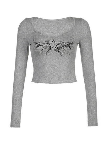 Grijze vintage laag uitgesneden cropped top met lange mouwen en sterrenprint