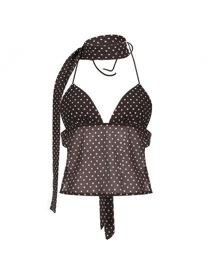 Brown Y2k Polka Dot Scarf With Backless Lace Up Suspender Top