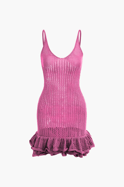 Solid Color Open Knit Ruffle Hem Cami Mini Dress