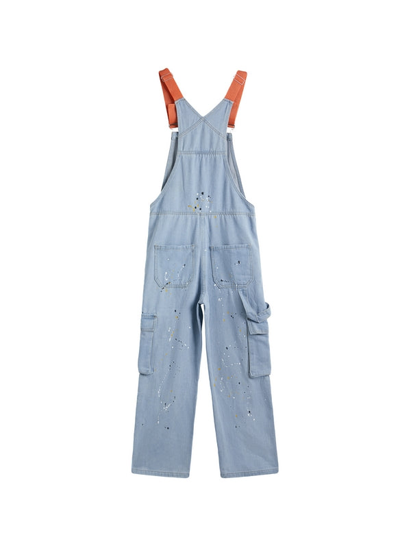 Blue Vintage Big Pocket Splash Ink Print Overalls