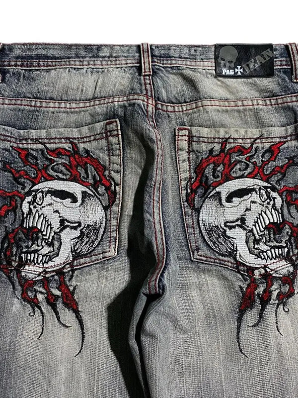 Blue 2000's Skull Embroidery Loose Boyfriend Jeans