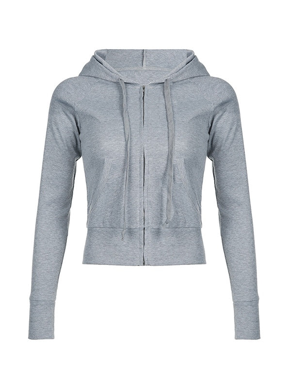 JY Grey Vintage Ribbed Zip Up Drawstring Lange Mouw Hoodie