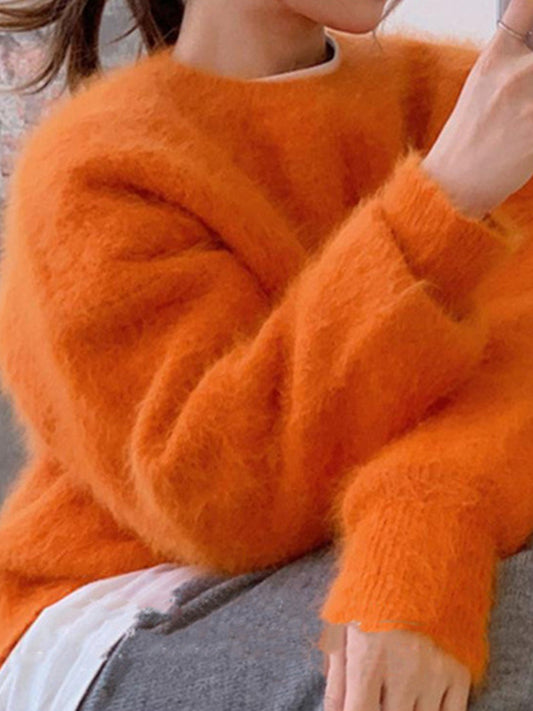 Solid Color Vintage Fuzzy Pullover Sweater