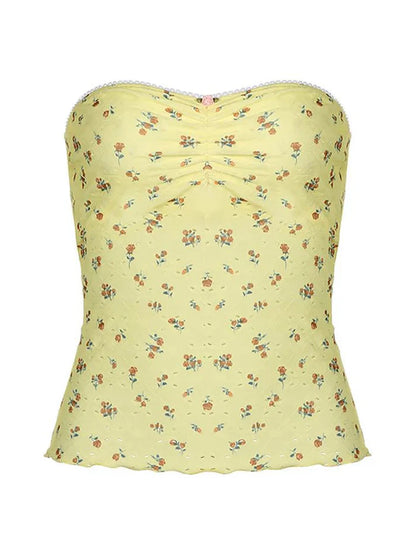 Yellow French Floral Print Ruffled Strapless Top