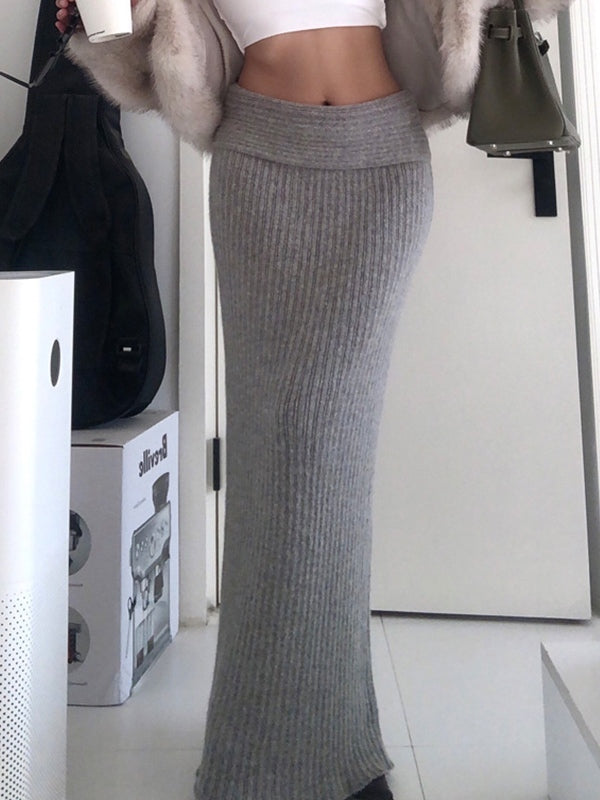 Grey Vintage Turned Waist Low Rise Maxi Skirt