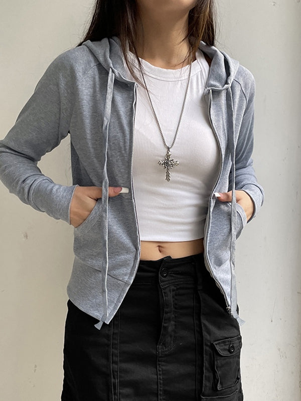 JY Grey Vintage Ribbed Zip Up Drawstring Lange Mouw Hoodie