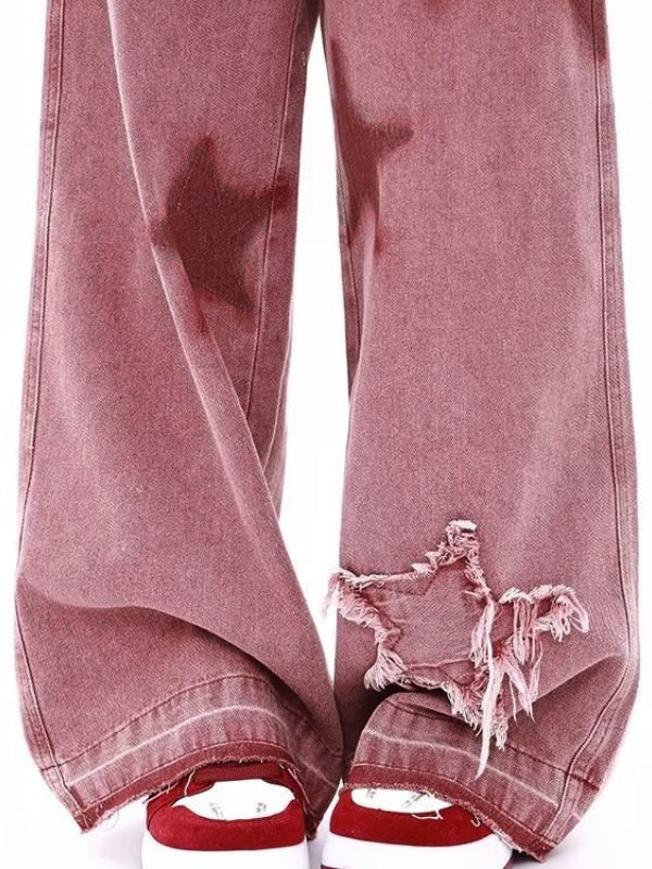 Roze hippe boyfriend jeans met popsterrenprint en borduursel
