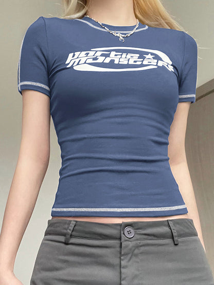 Marineblauw Y2K gestikt grafisch T-shirt met logo en korte mouwen